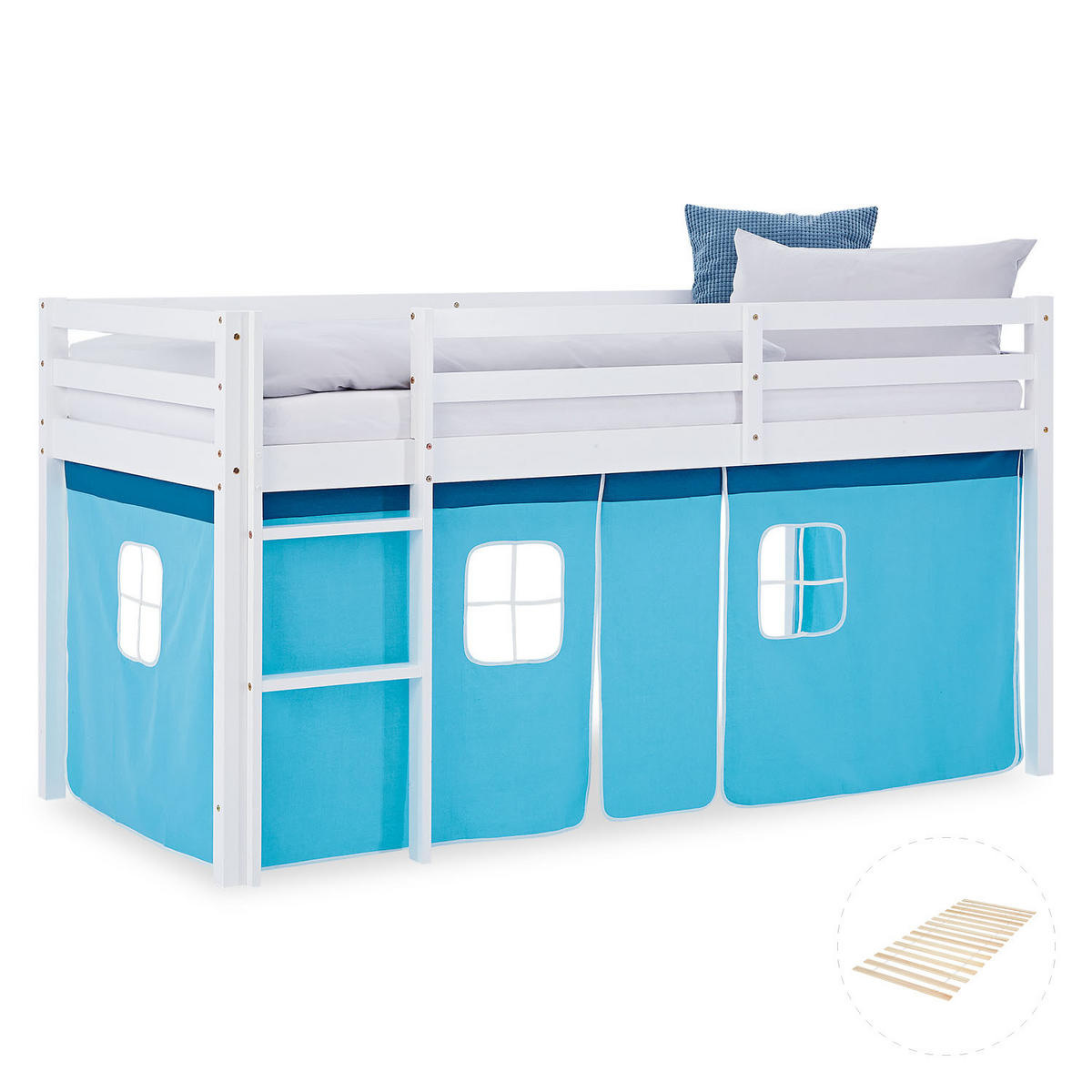 HOCHBETT 90/200 cm in weiß mit Lattenrost + Bettvorhang Blau - Blau/Weiß, Holz - Homestyle4u