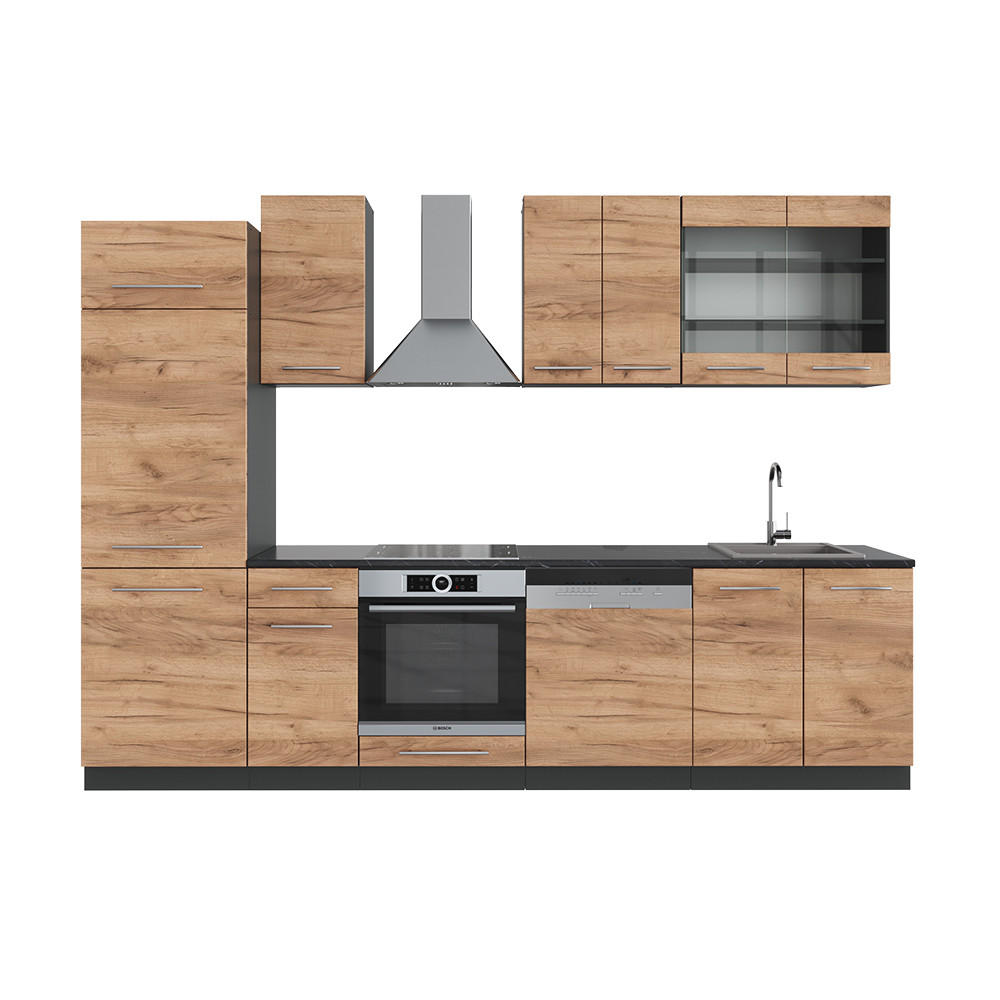 KÜCHENZEILE Fame-Line Goldkraft Eiche/Anthrazit 300 cm, AP Anthrazit - Honigeiche/Anthrazit, Holzwerkstoff (300/81.6/60cm) - Vicco