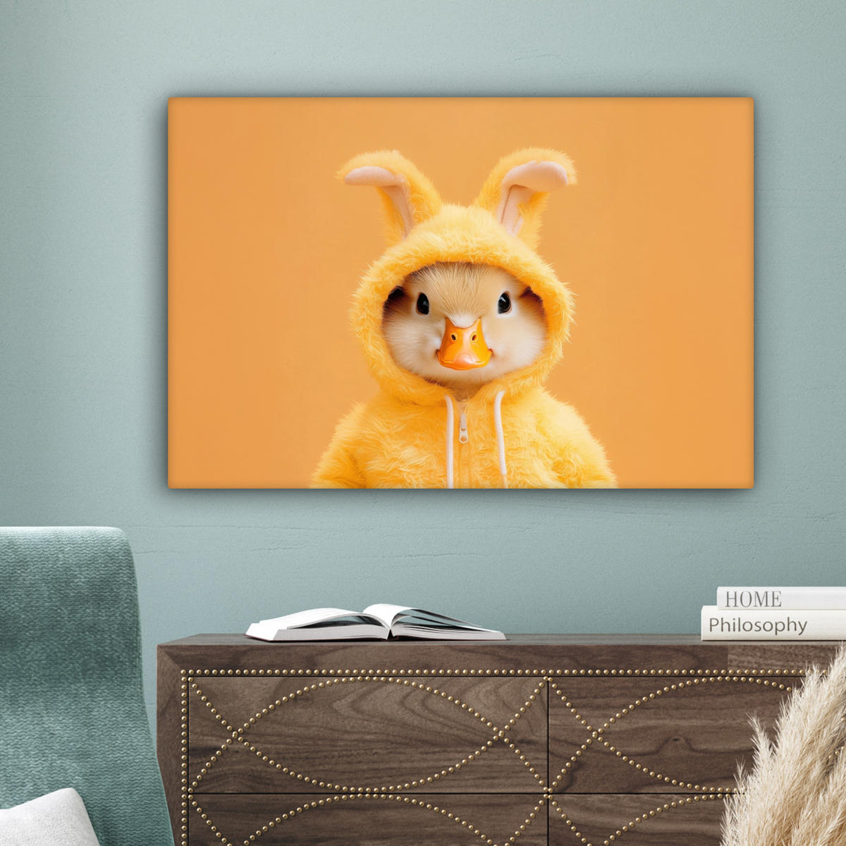 LEINWANDBILD Osterhase - Kostüm - Ente Wanddeko 90x60 cm - Gelb, Textil (90/60cm) - MuchoWow