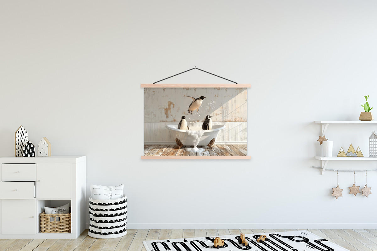POSTER Vintage - Pinguin - Badewanne - Schaumstoff 120x80 cm - Schwarz, Textil (120/80/0.15cm) - MuchoWow