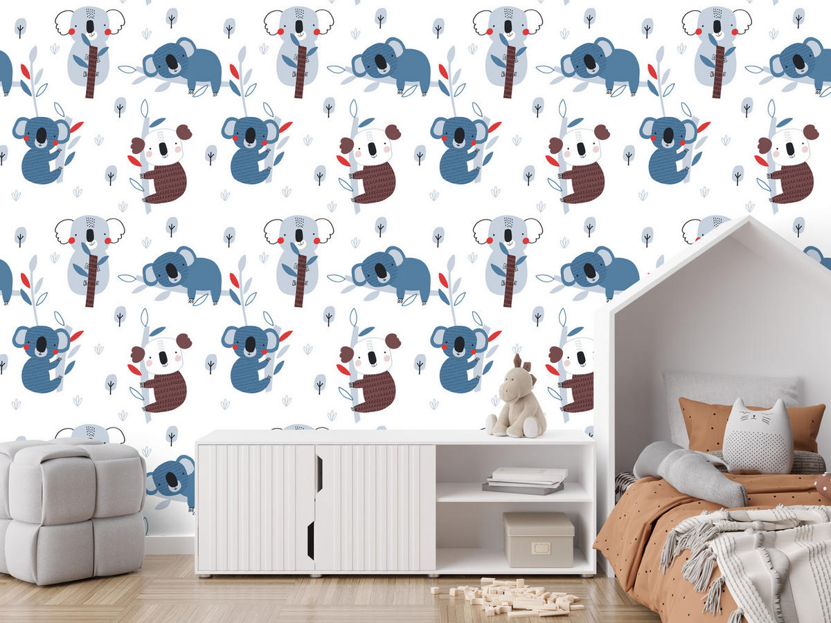 VLIESTAPETE Koalas und Bäume – Blau, Braun, Weiß – 50x1000 cm - Blau/Braun, Papier (50/1000cm) - Muralo