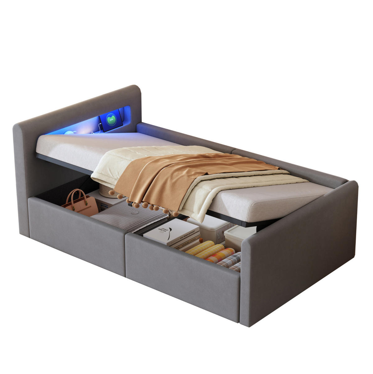 POLSTERBETT 90/200 cm in Hellgrau mit Stauraum, LED-Beleuchtung und USB-Anschluss - Grau, Textil (90/200cm) - Flora Grace