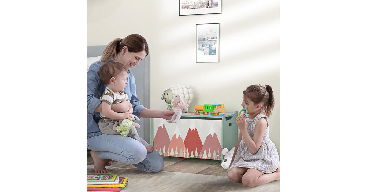 SoBuy Houten Kinderspeelgoedkist, Speelgoedkist Met Klapdeksel Speelgoedorganizer Voor Kinderkamer Met 1 Open Vak 60 X 34 X 57 Cm Kmb91 Gr