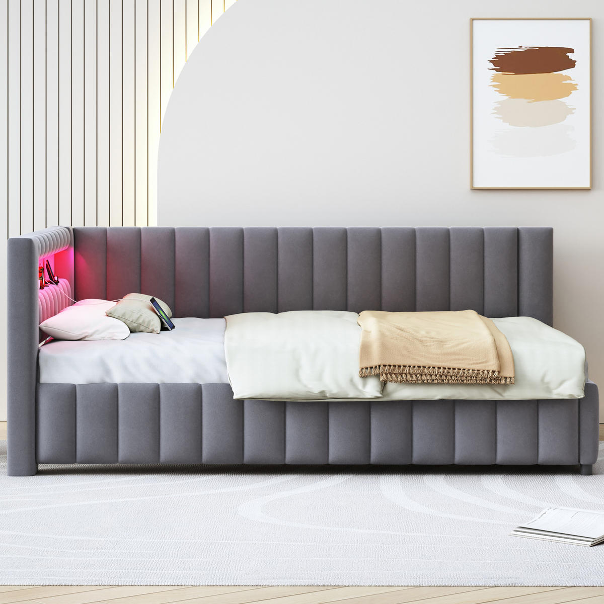 ČALÚNENÁ posteľ z velúru 140x200 cm sivá s LED osvetlením, USB portom a operadlom - sivá, textil (140/200cm) - Modfu