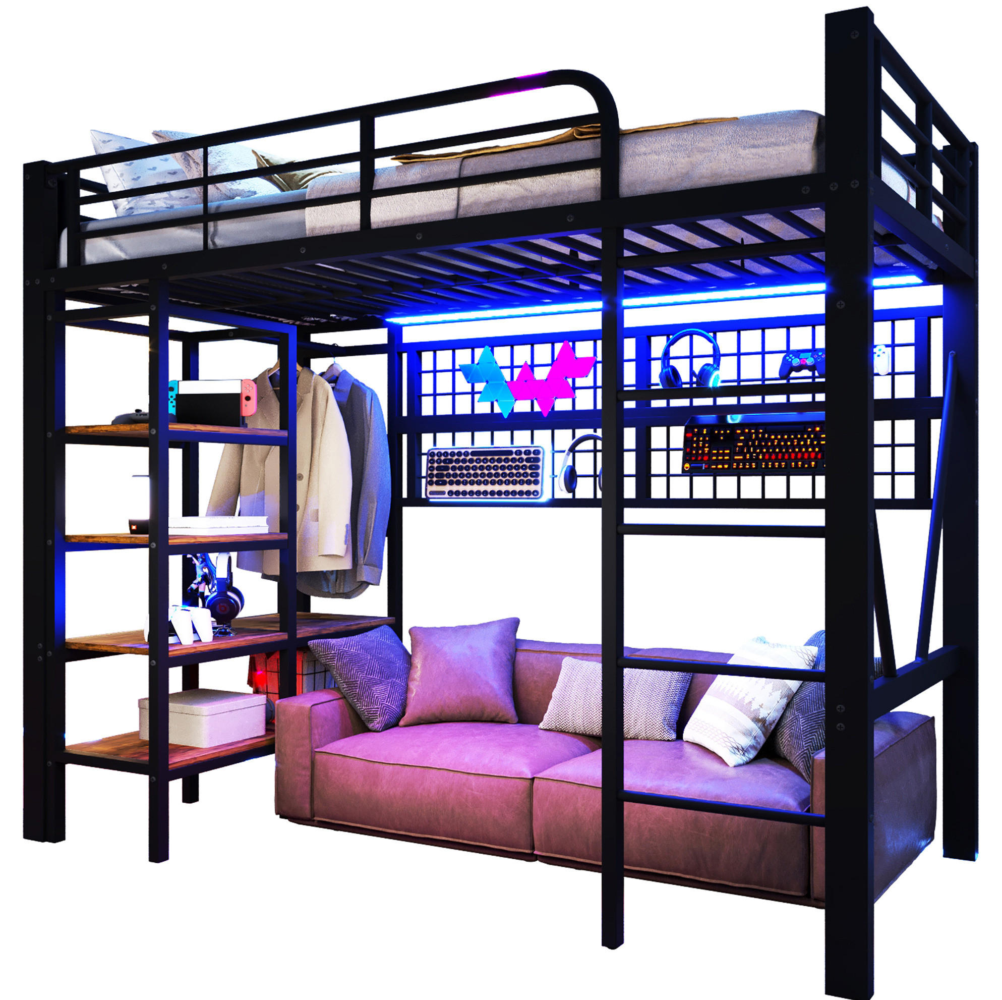 HOCHBETT 90/200 cm aus Metall mit LED-Beleuchtung, Ablagefach und Kleiderstange - Schwarz, Metall (90/200cm) - Flora Grace