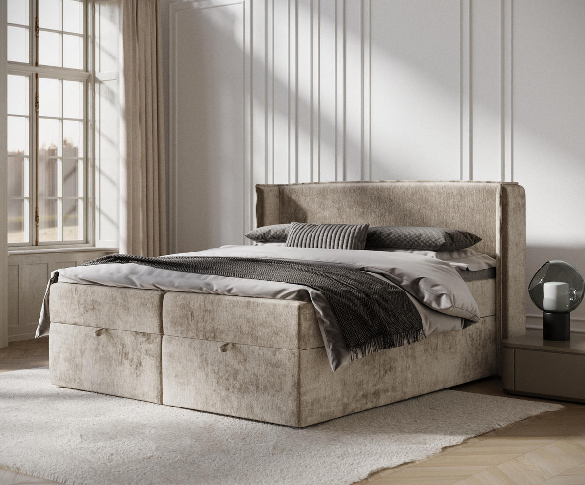 BOXBETT Passion Beige 180/200 cm mit Matratze und Topper - Beige/Schwarz, Holz/Holzwerkstoff (180/200cm) - Maison de Reve