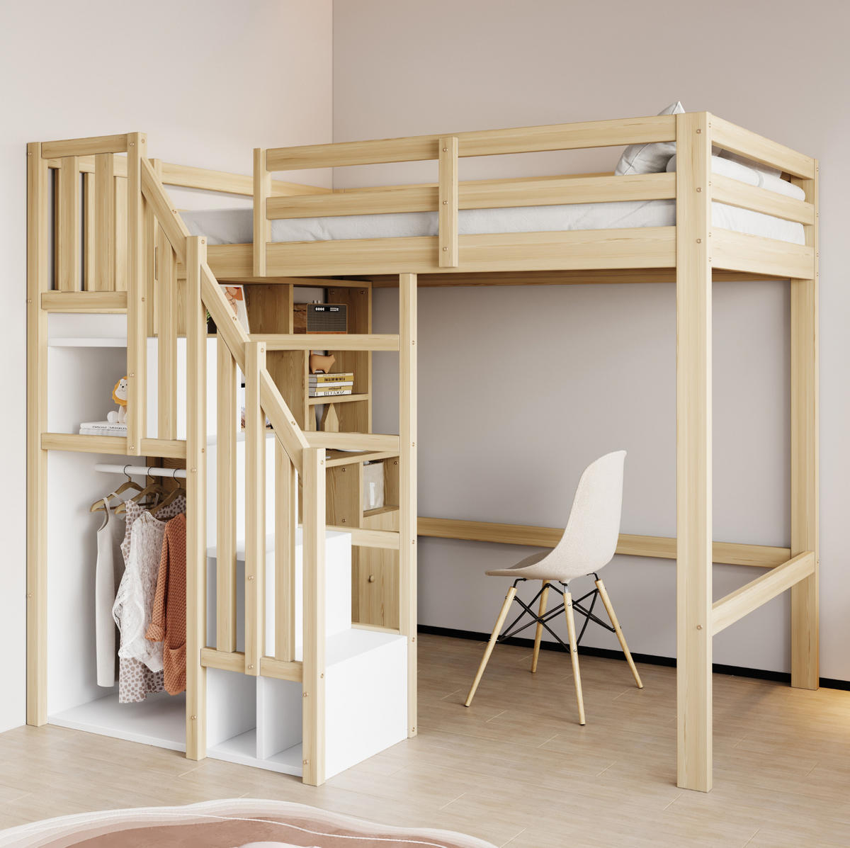 HOCHBETT aus Holz 90x200 cm Naturfarbe mit Schreibtisch, Regalen, Schränken und Treppe mit Stauraum - Naturfarben, Holzwerkstoff (140/200cm) - Modfu