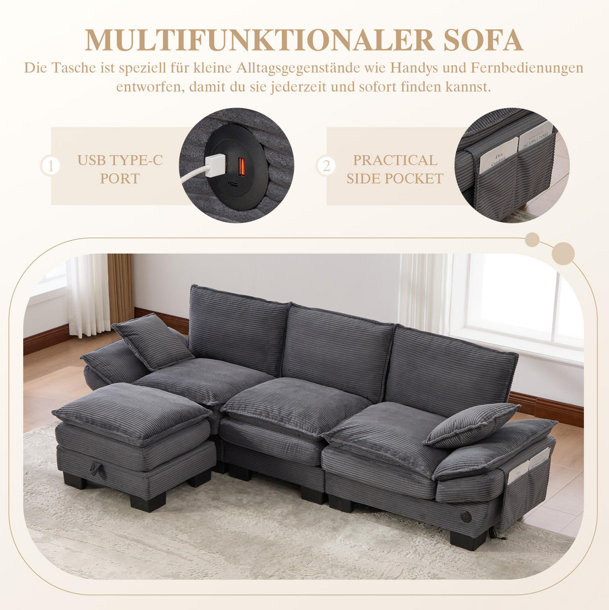 ECKSOFA 260/132/84 cm dunkelgrau aus Cord mit Hocker und USB-C - Dunkelgrau, Textil (132/260cm) - OKWISH
