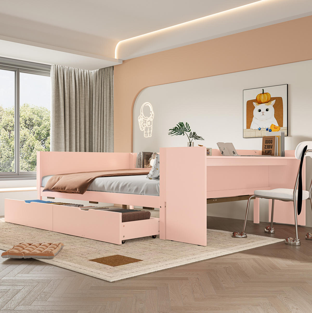 BETT 140/200 cm mit Schreibtisch, 2 Schubladen und 3 Regalen aus Kiefern und Spanplatte, Weiß/Rosa - Rosa, Holzwerkstoff (140/200cm) - Redom