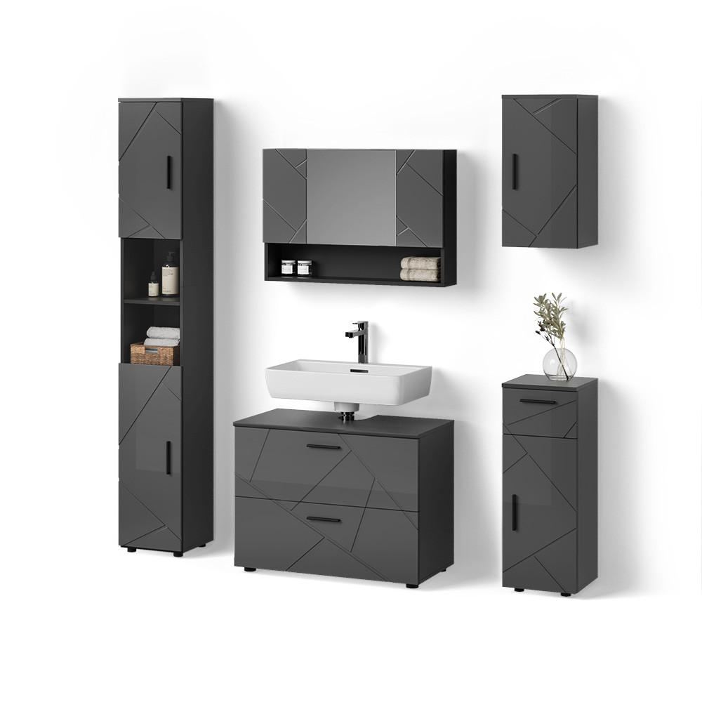 BADMÖBEL-SET Ronco Anthrazit Hochglanz 5 Teile - Schwarz Hochglanz/Anthrazit, Holzwerkstoff (41/80/58cm) - Livinity®