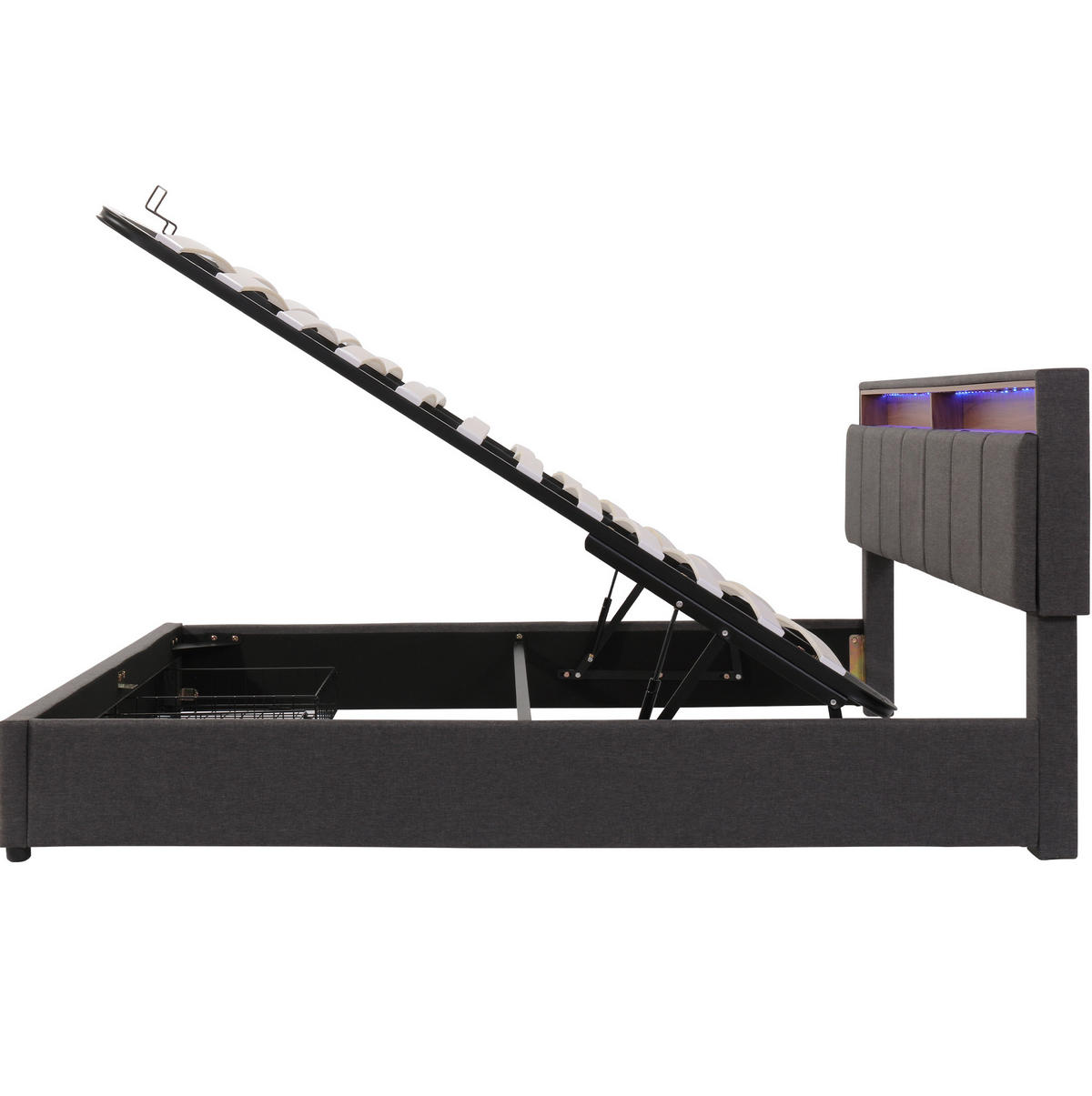 POLSTERBETT mit LED-Beleuchtung 160/200 cm mit Bettkasten und gepolstertem Kopfteil - Hellgrau, Metall (160/200cm) - BEAOK