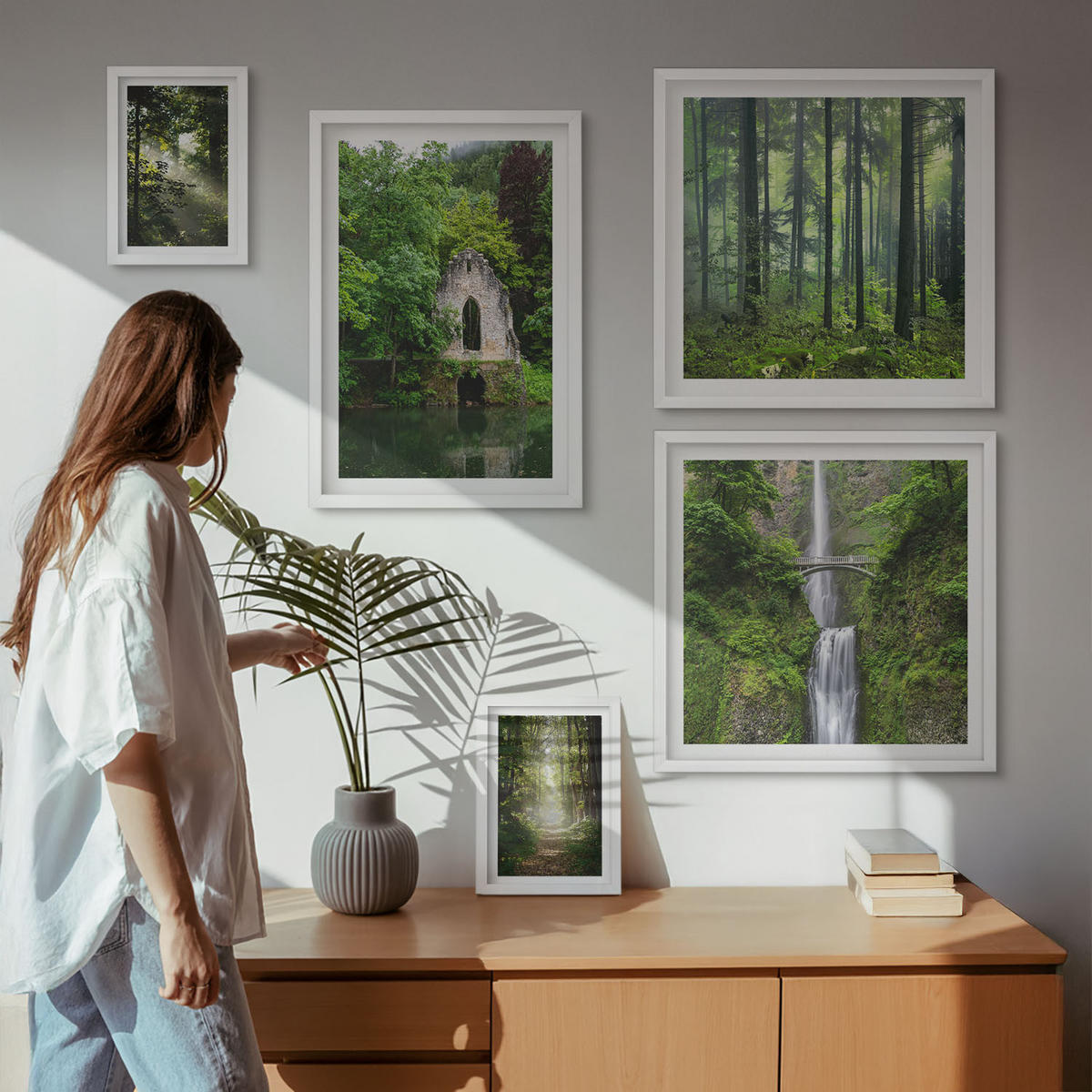WANDBILDER 5er-Set - 50x50 cm & 20x30 cm & 40x60 cm Weißer Rahmen - Grüne Wälder, Lichtstrahlen - Weiß, Kunststoff (40/60cm) - ArtPrintCave