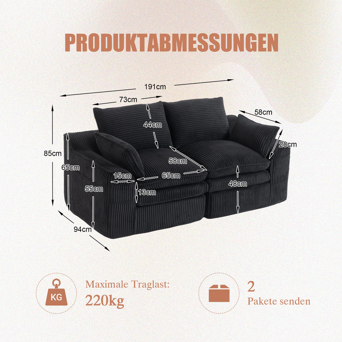 2-SITZER SOFA Cord Schwarz mit Kissen und Seitentaschen - Schwarz, Textil (191/85/94cm) - WISHDOR