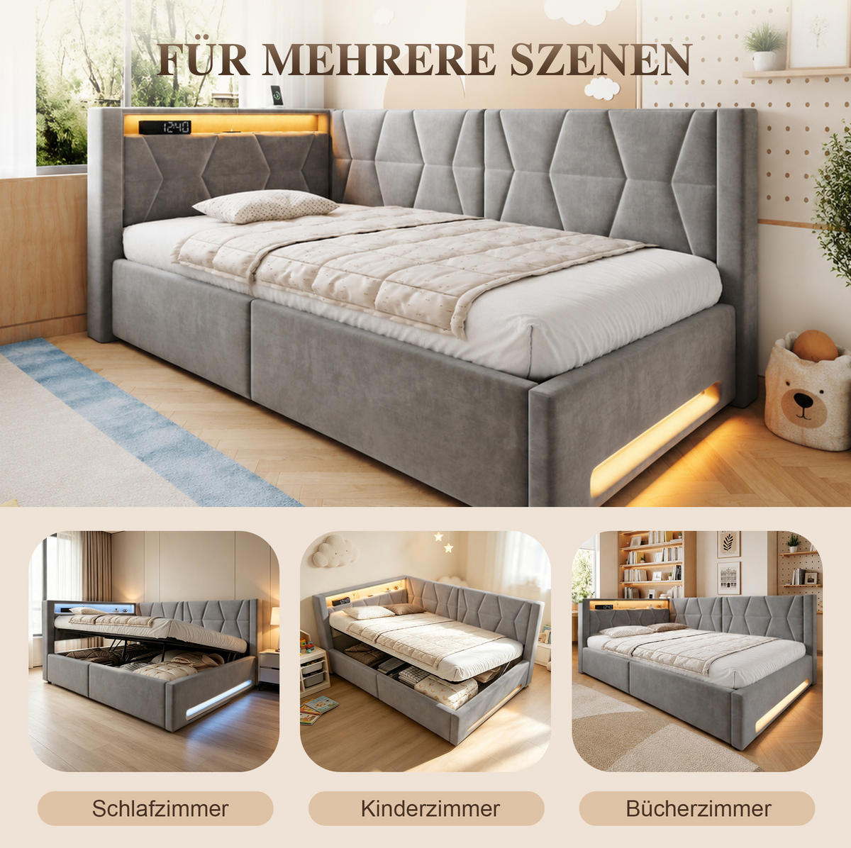 POLSTERBETT 90/200 cm in Dunkelgrau mit Stauraum, LED-Beleuchtung und USB - Dunkelgrau, Metall (90/200cm) - Flora Grace