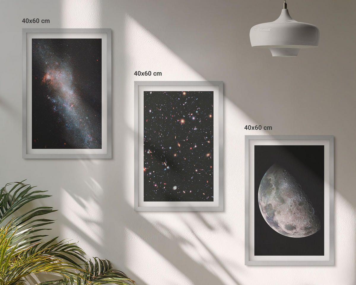 BILDER SET 3er Set - 40x60 cm Silberner Rahmen - Weltraum Galaxien Sterne Mond - Silberfarben, Kunststoff (40/60cm) - TULUP