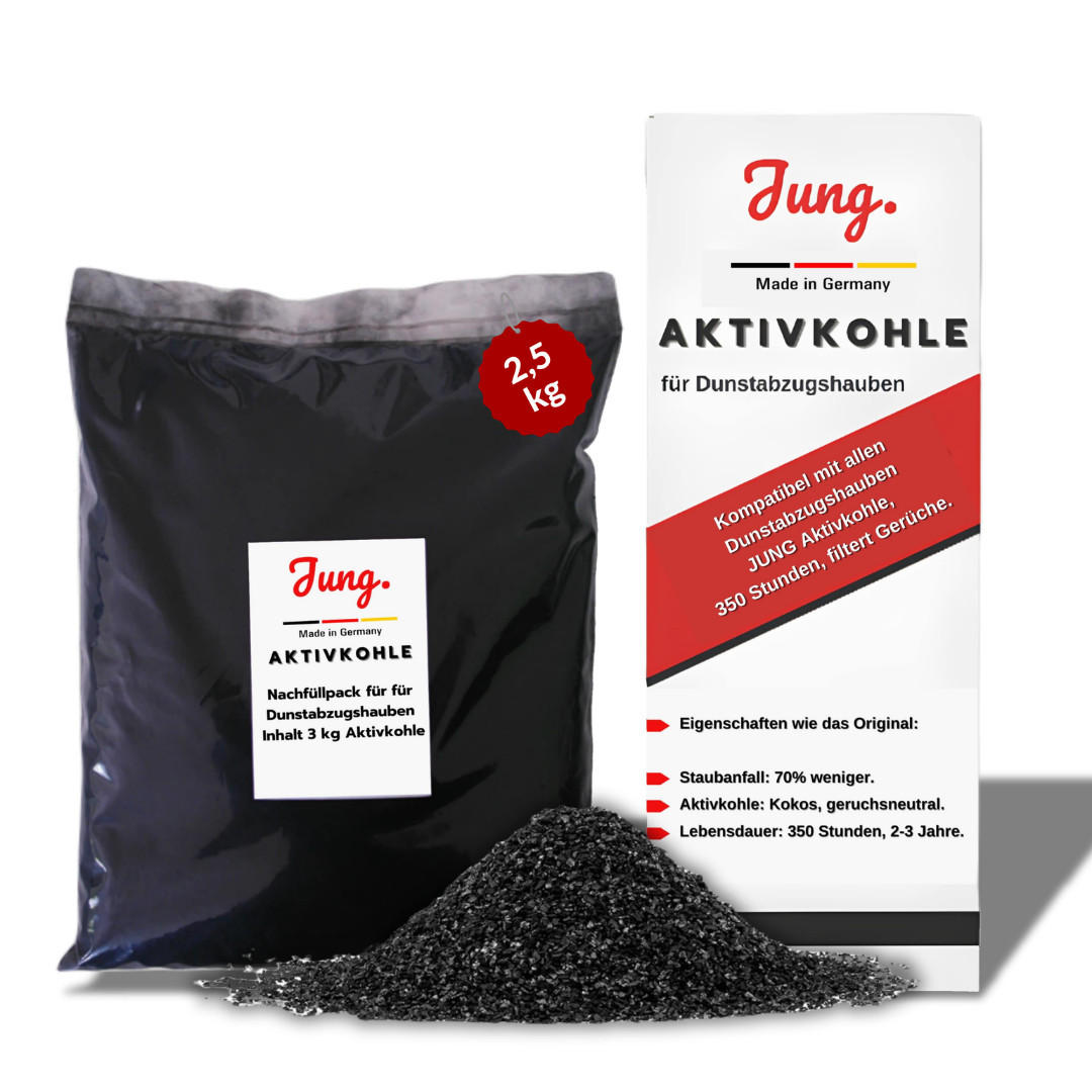 AKTIVKOHLE 4 kg Schwarz, Nachfüllpack, Dunstabzugshaube, Universal, Geruchsfilter, Filterkohle, Umluftfilter, Ersatzfüllung, Küchenfilter, Fettfilter - Schwarz, Naturmaterialien (25/12/30cm) - JUNG