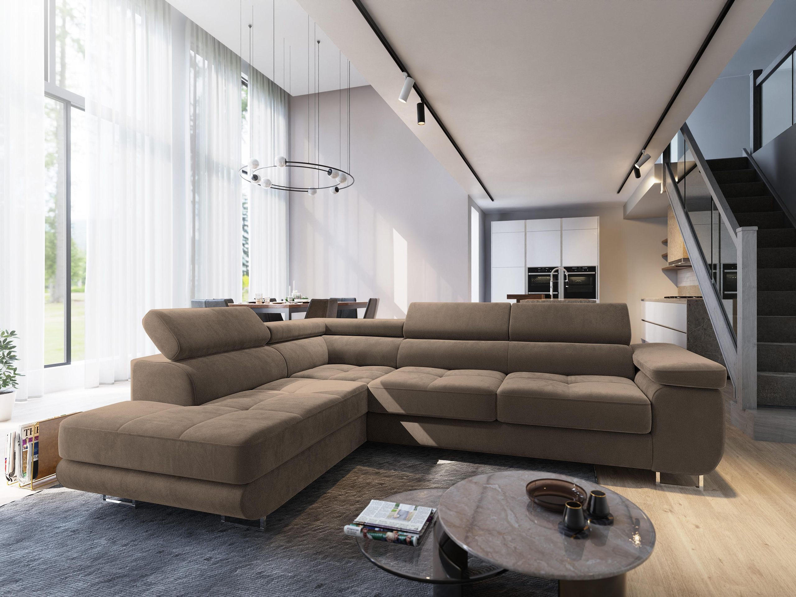 ECKSOFA SELVA L-S Beige Velours-Stoff mit Schlaffunktion - Beige, Holz (275/202cm) - MASSENO