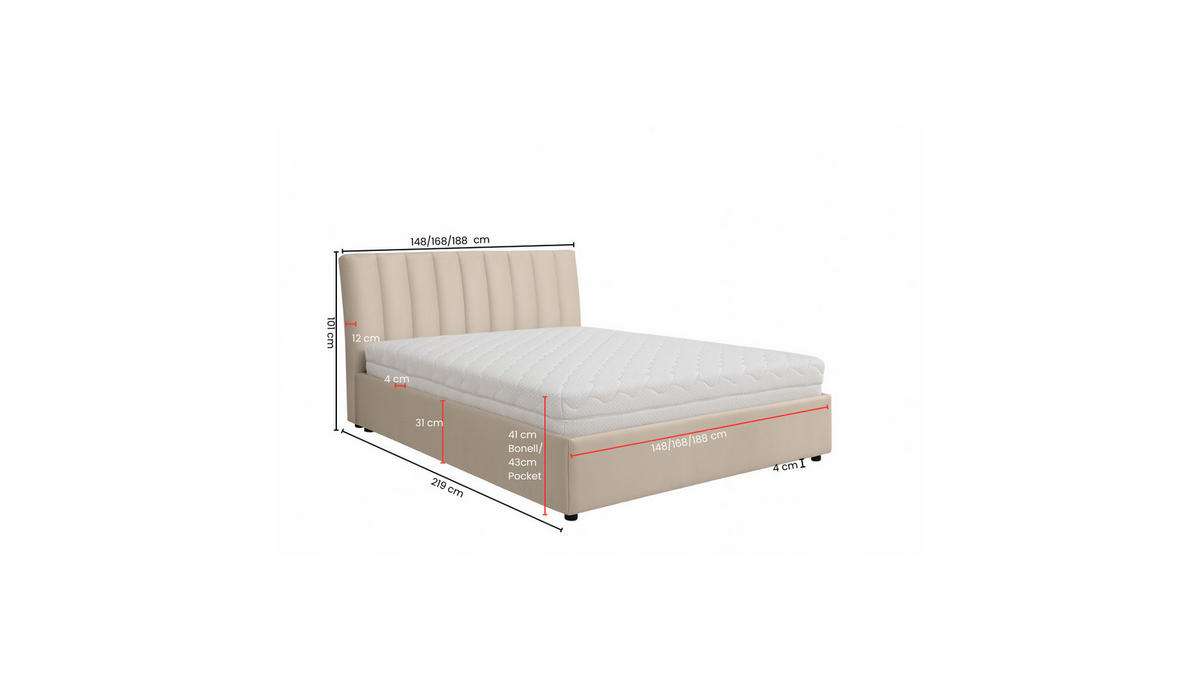 POLSTERBETT mit Bettkasten und Matratze NUBIA, Beige, 180x200 cm - Beige, Textil (180/200cm) - KS Home Concept