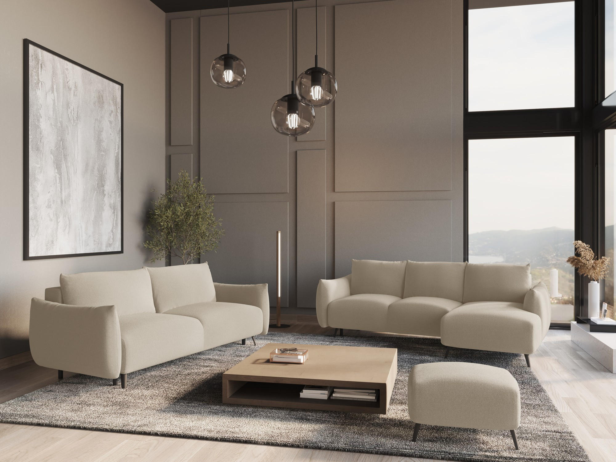 WOHNLANDSCHAFT Chenille Stoff Beige - Beige/Schwarz, Textil/Metall (317/86/162cm) - Makamii