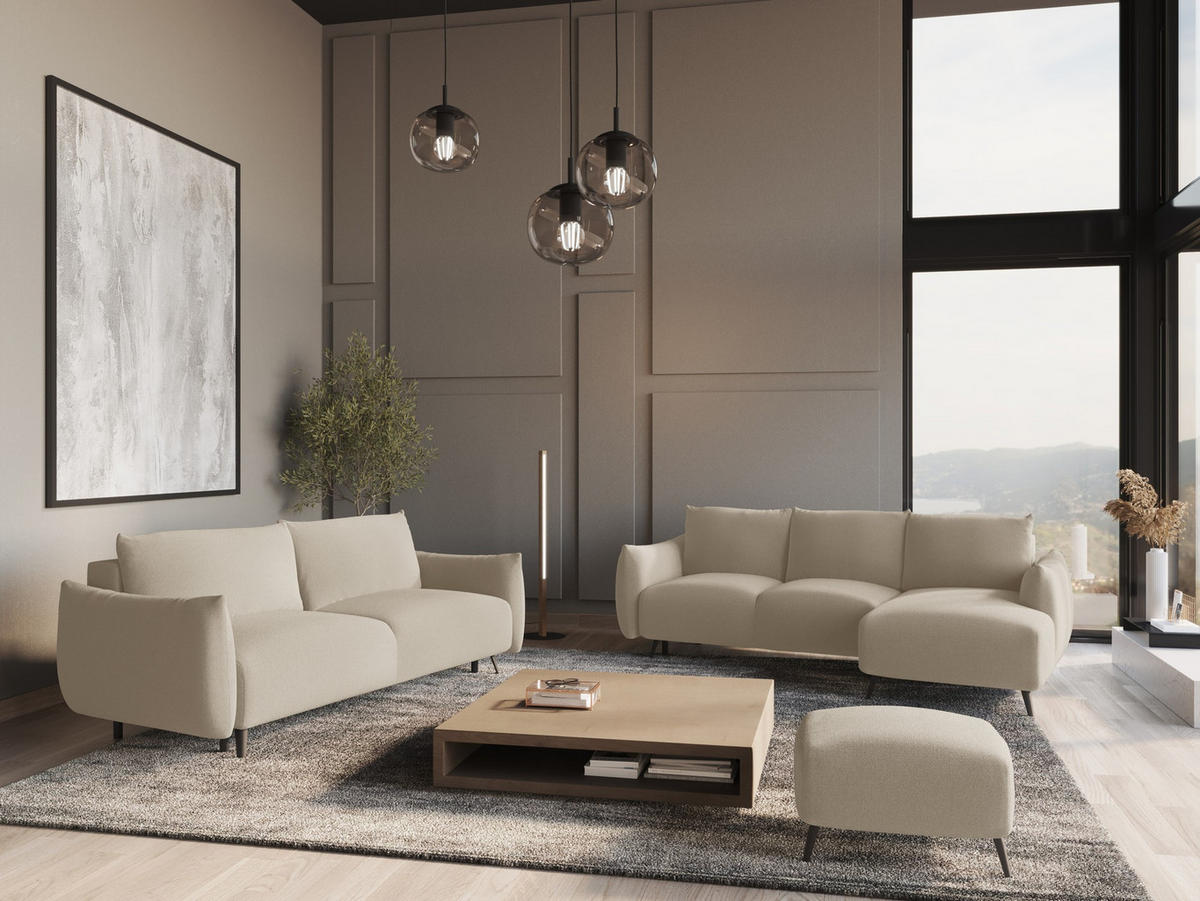 ECKSOFA mit Schlaffunktion Chenille Stoff Beige - Beige/Schwarz, Textil/Metall (242/162cm) - Makamii