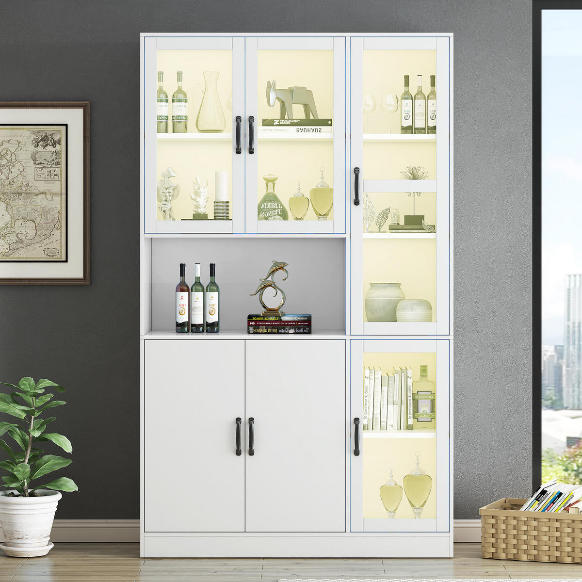 VITRINENSCHRANK aus MDF 40x120x200 cm Weiß mit LED-Beleuchtung, Acryltüren und 9 Stauräumen - Weiß, Holzwerkstoff (120/200/40cm) - Modfu
