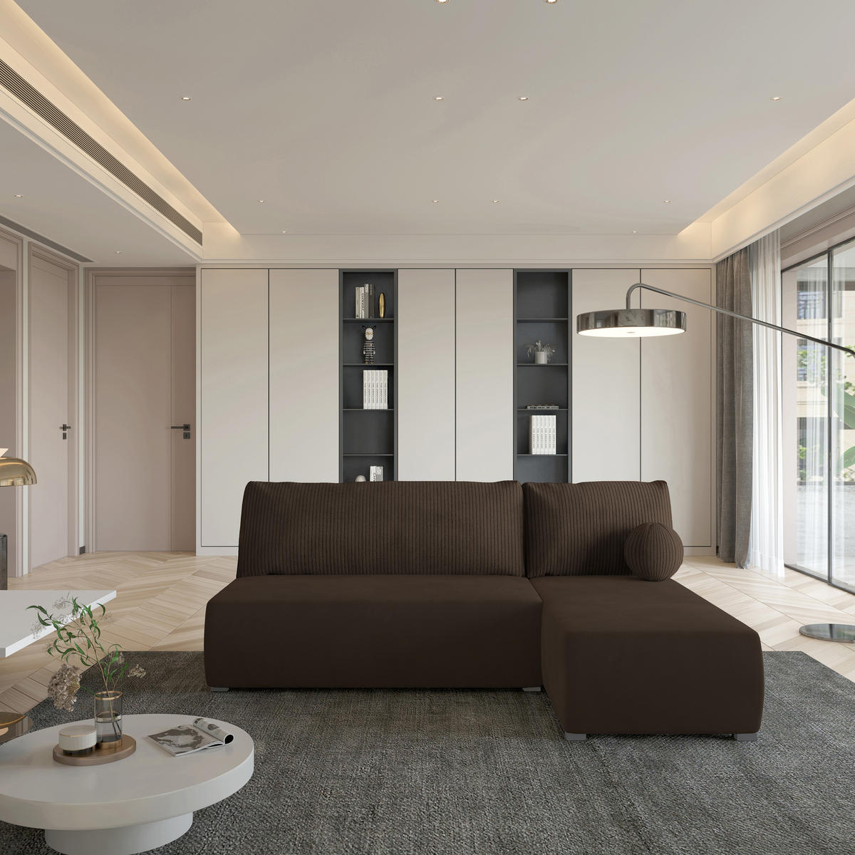 ECKSOFA PARVELO Braun Plüsch-Stoff mit Schlaffunktion - Braun, Holz (200/143cm) - MASSENO