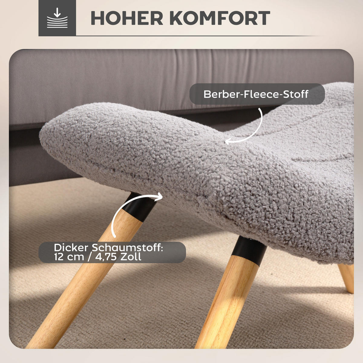 FUSSHOCKER DE-07157 ergonomisch, Berberfleece, Holzbeine Hellgrau - Hellgrau, Holz/Textil (45/38/67cm) - ComfortXL