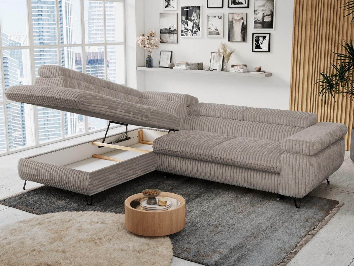 ECKSOFA PETER L Hellbraun Cord - Links Seite - Hellbraun/Schwarz, Textil/Metall (208/273cm) - MKS