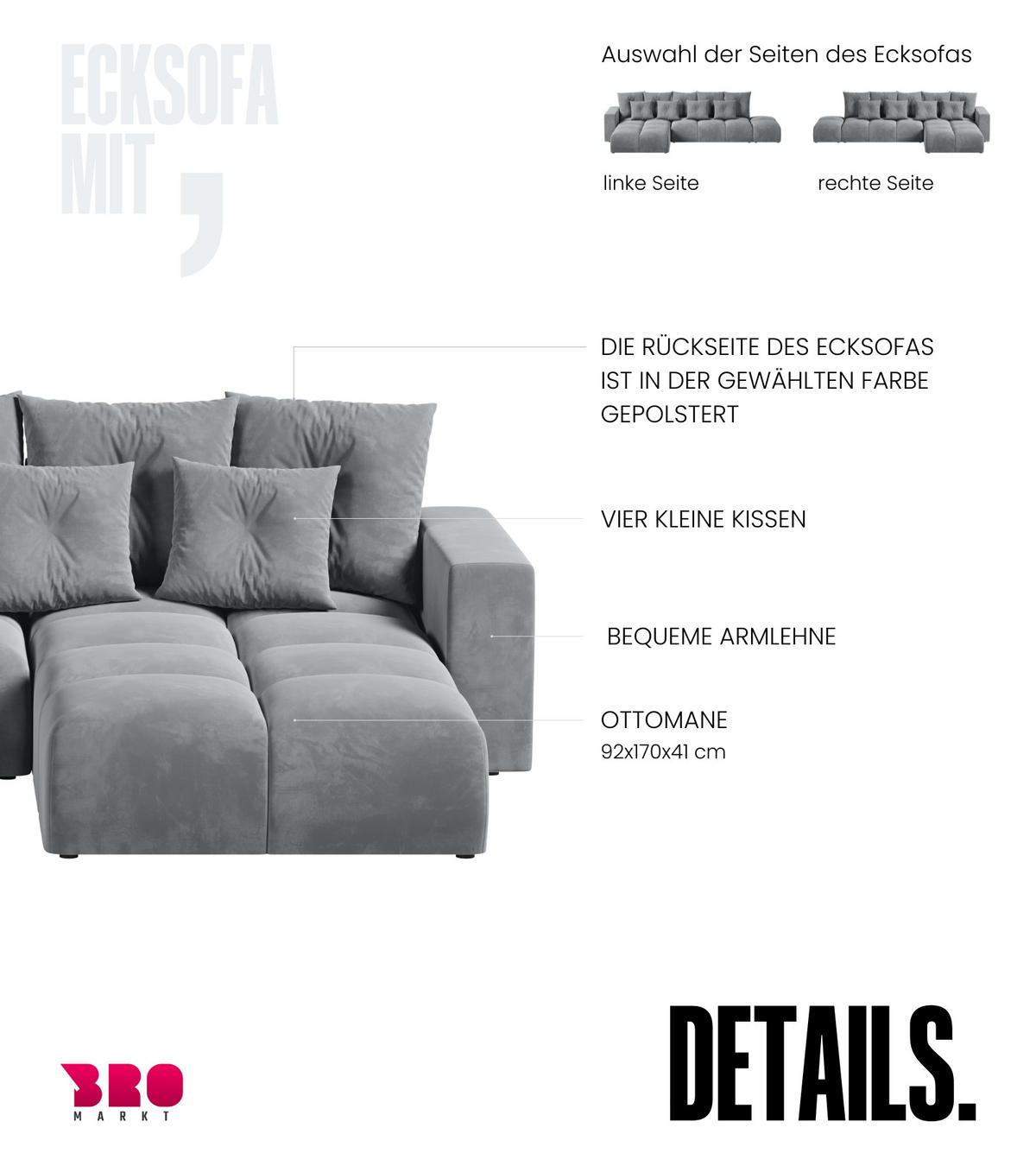 ECKSOFA mit Schlaffunktion RAMIRO Hellgrau - Grau, Textil (325/185cm)