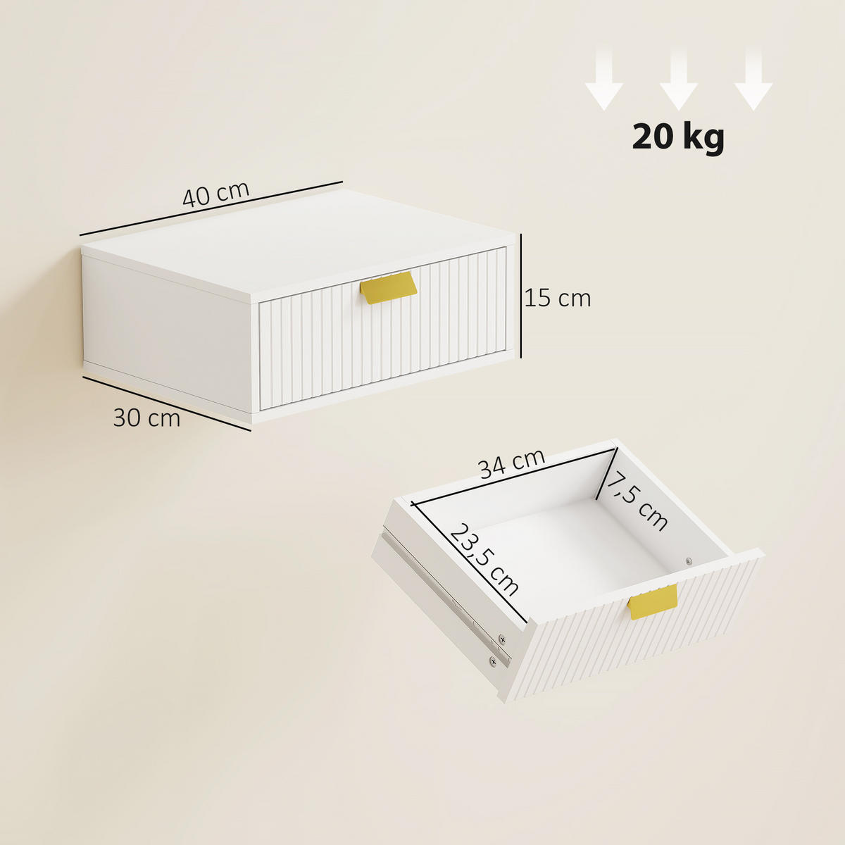 NACHTSCHRANK DE-12975 gerillte Schublade Weiß - Weiß, Holzwerkstoff (30/15/40cm) - ComfortXL