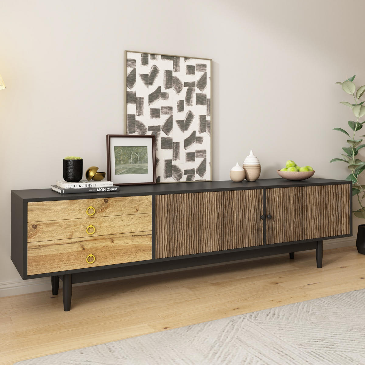 TV-SCHRANK in Schwarz und Natur mit 2 Türen und 3 Schubladen 180/38/50 cm - Eichefarben, Holzwerkstoff (180/38/50cm) - Redom