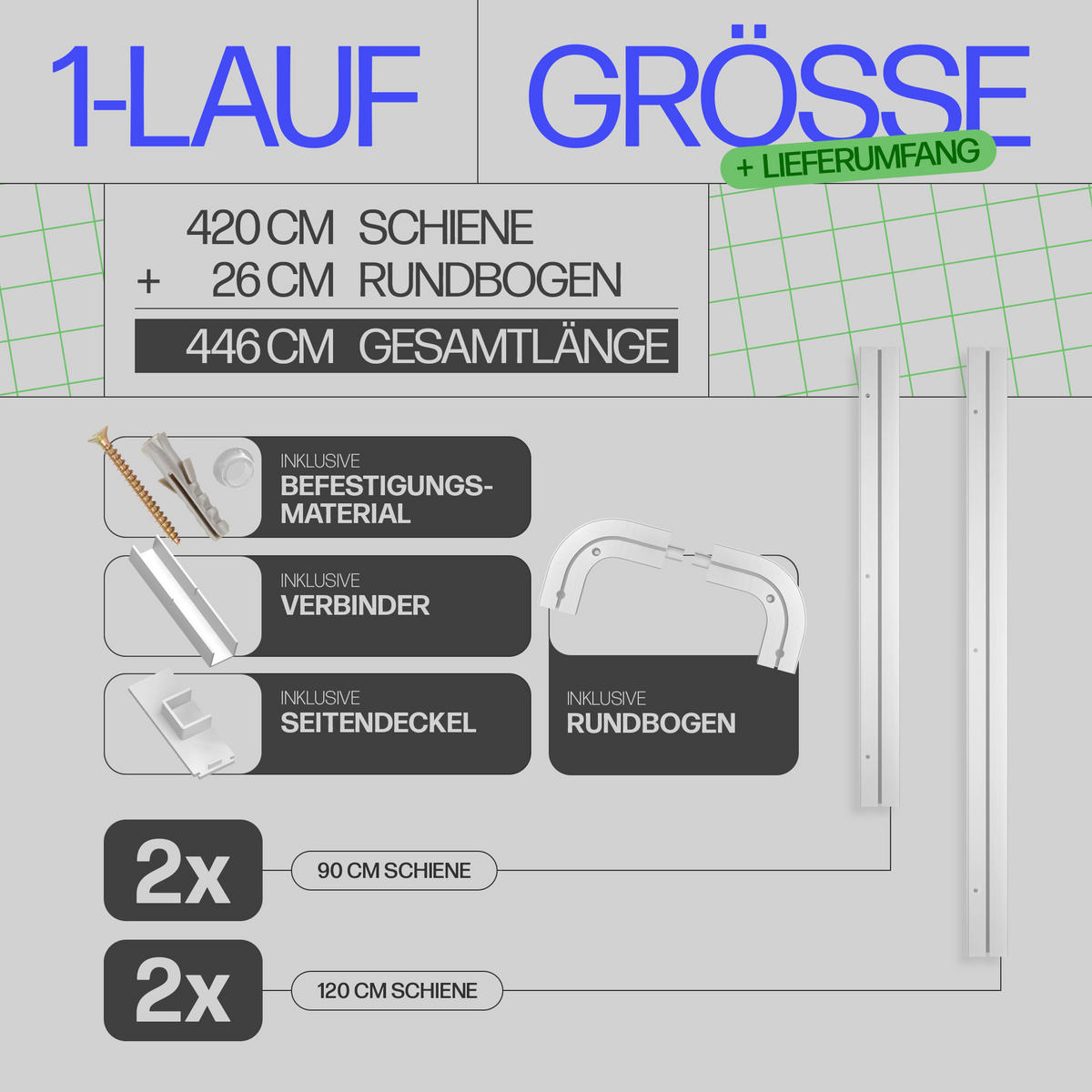 GARDINENSCHIENE - Komplettset inkl. Zubehör 420cm (2x90/2x120cm) 1-läufig + 2er Set Rundbogen - Weiß, Kunststoff (6/420cm) - Bestlivings