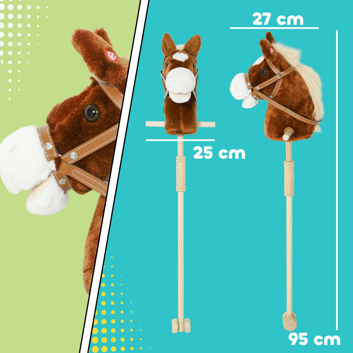 STECKENPFERD Kinder Steckenpferde mit Sound, Griffe, Rolle Stockpferd zum Reiten - Braun, Textil (25/95cm) - AIYAPLAY