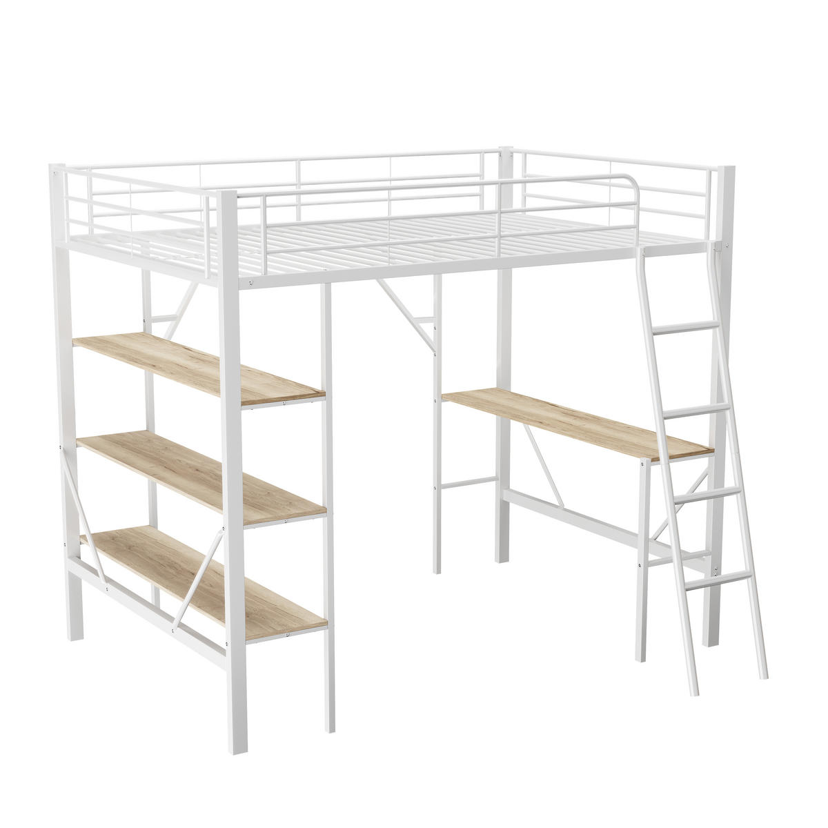 HOCHBETT 90/200 cm Weiß Metallbett mit Schreibtisch und Ablagen - Weiß, Holzwerkstoff (90/200cm) - OKWISH