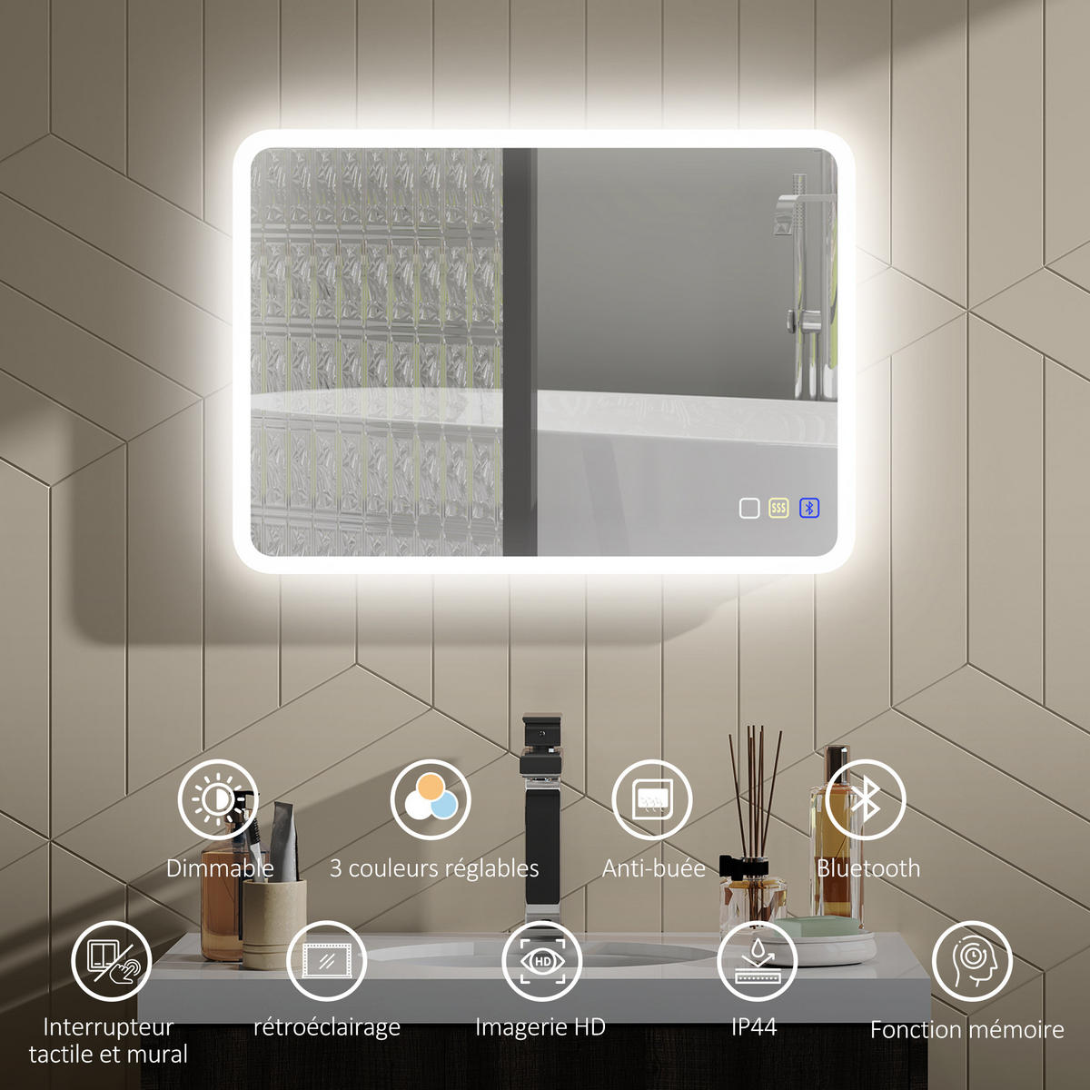 BADEZIMMERSPIEGEL DE-15174 50/70 cm mit Bluetooth und 3 LED-Farben Silber - Silberfarben, Glas (3.5/50/70cm) - ComfortXL