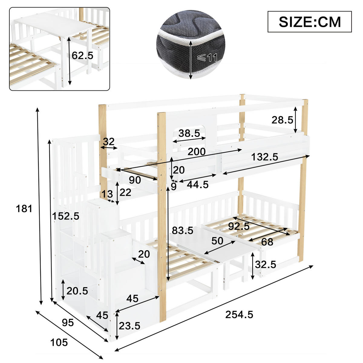 ETAGENBETT 90/200 cm, Weiß/Natur mit klappbarer Tischplatte und Stauraumtreppe - Weiß, Holz (90/200cm) - MIVRAY
