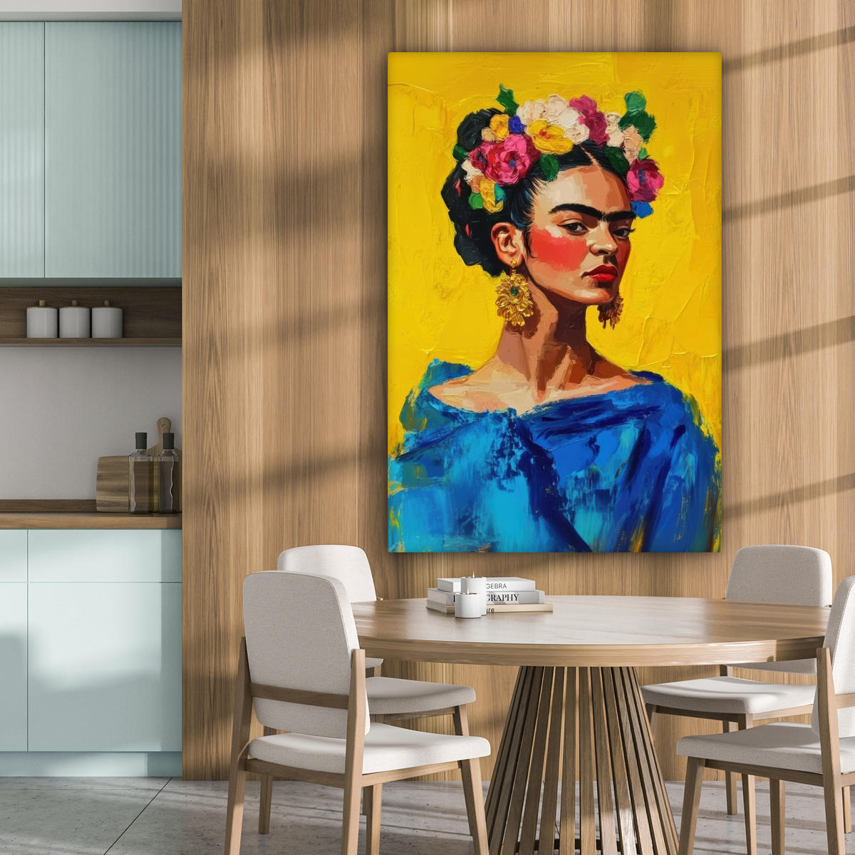 LEINWANDBILD Frida Kahlo - Frau - Gelb - Blau - Blumen 80x120 cm - Gelb, Textil (80/120cm) - MuchoWow