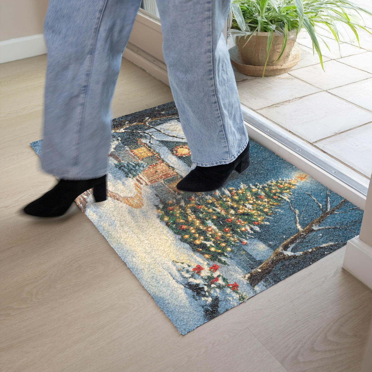 FUSSMATTE Weihnachten - Weihnachtsbaum - Winter - Zuhause - Schnee 90x60 cm - Multicolor, Kunststoff (90/0.4cm) - MuchoWow