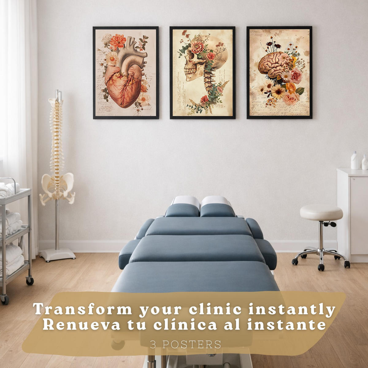 POSTER Set aus 3 Anatomie Mensch Drucke und Wandbilder mit Herz Gehirn und Schädel Vintage Floraler Stil Wanddekoration Größe Schwarzer Rahmen A3 - Schwarz, Papier (29.7/42/3cm) - Nacnic