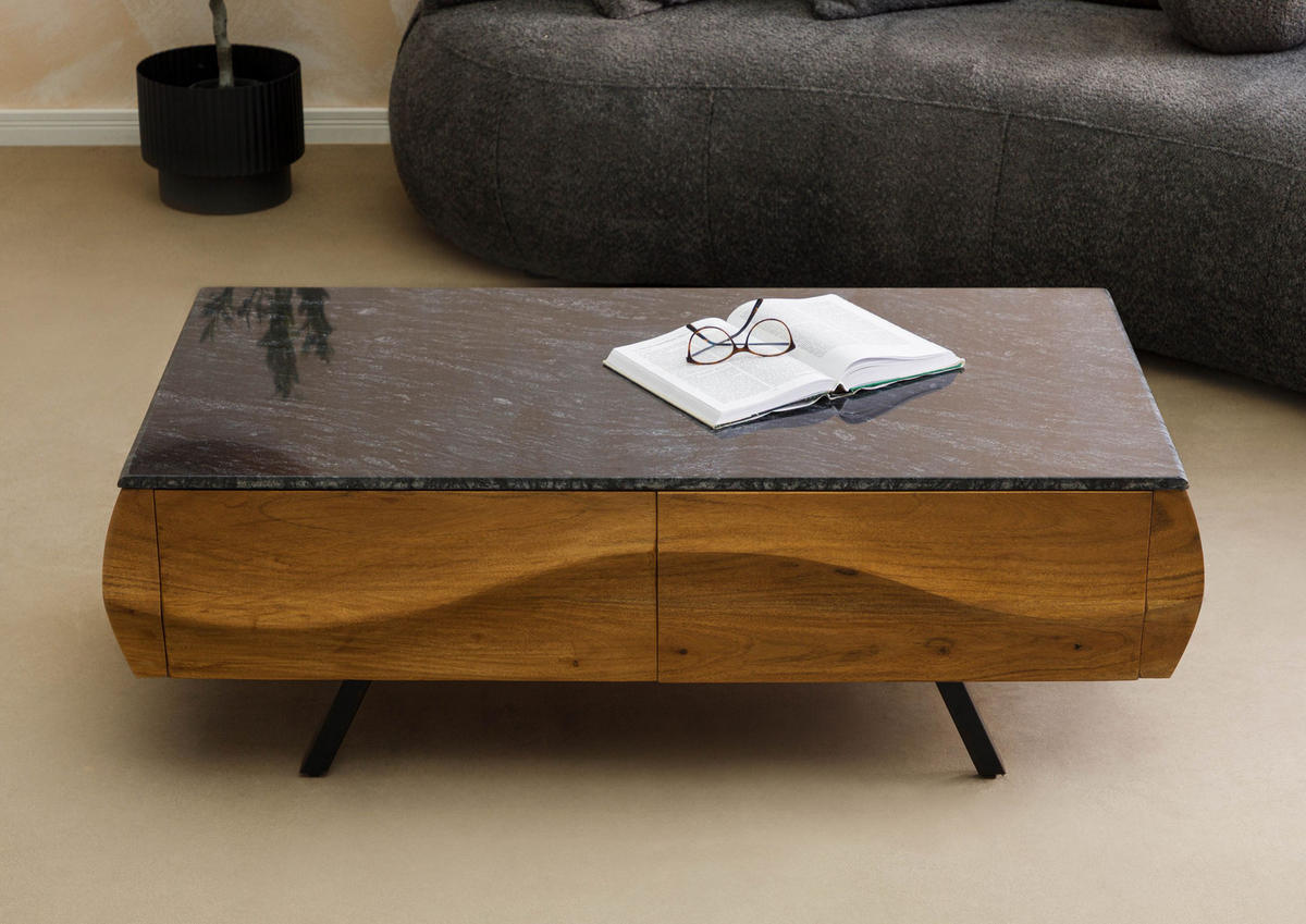 COUCHTISCH Akazie 124x60x40 natur lackiert / Marmor schwarz MONTREAL #129 - Schwarz/Braun, Holzwerkstoff (124/60/40cm) - Massivmoebel24