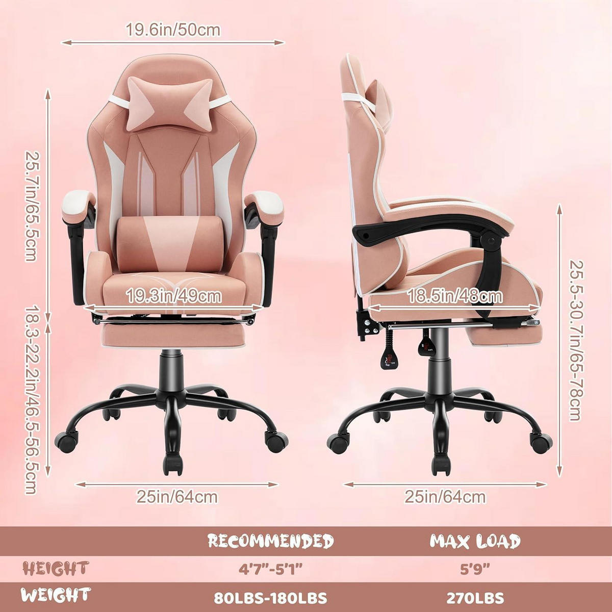 GAMING-STUHL mit Fußstütze Rosa - Rosa, Textil (49/122/48cm)