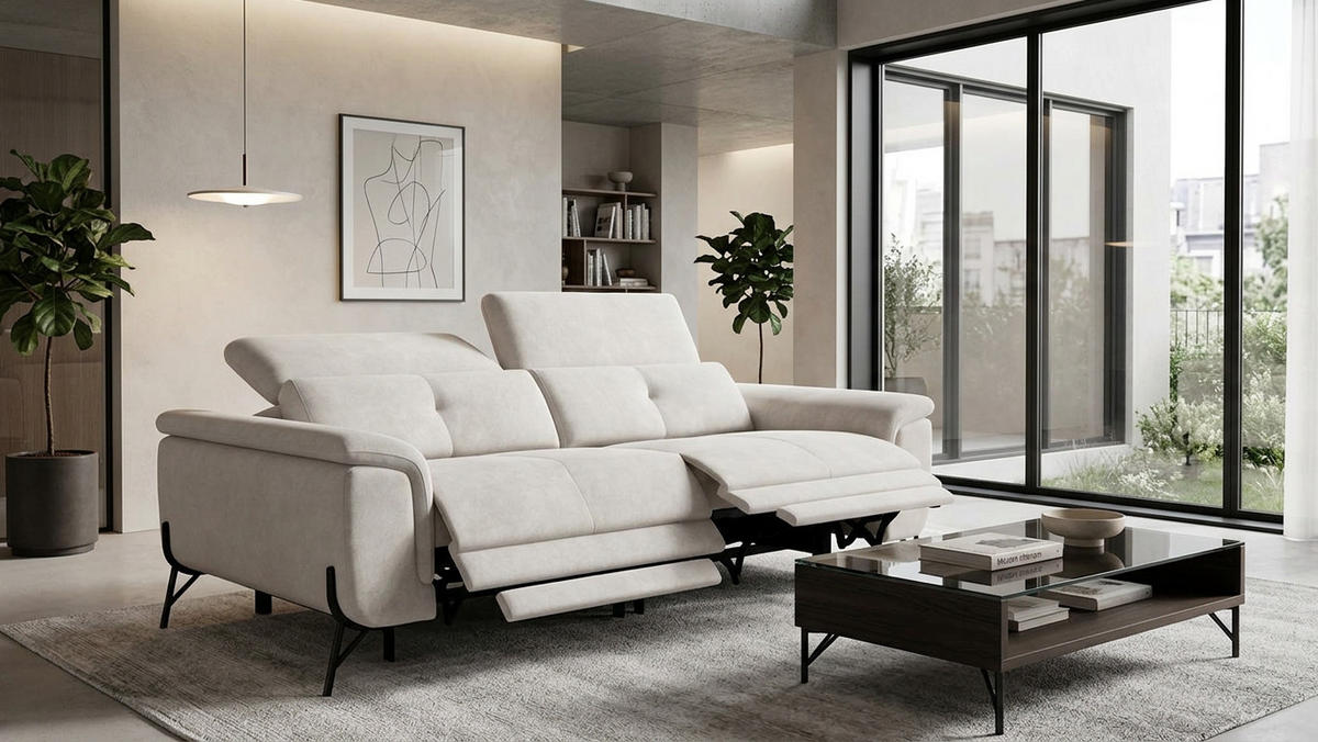 SOFA RELAX AVENA 3-Sitzer, beiger Veloursstoff - Beige/Schwarz, Holz/Textil (204/80/108cm) - Wozimo