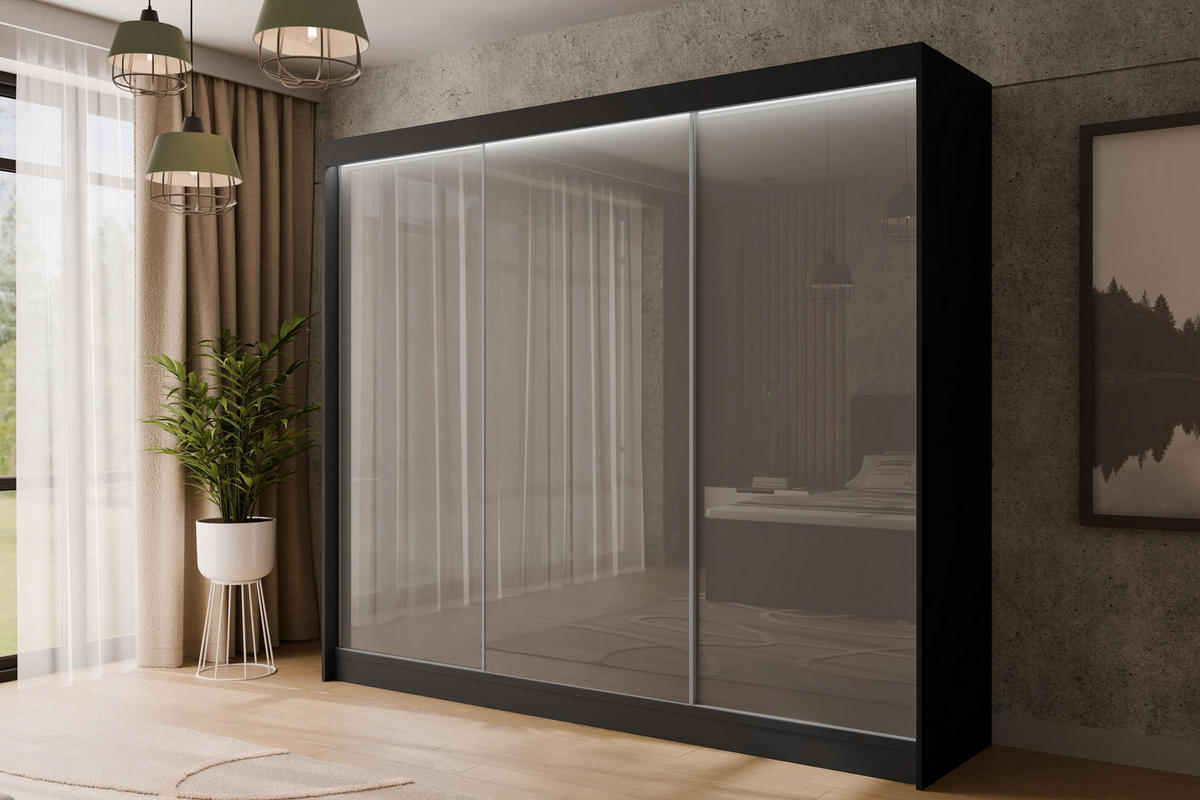 KLEIDERSCHRANK PEKA mit LED - 250 cm - Schwarz|Grau - Schwarz/Grau, Holzwerkstoff (250/215/61cm) - ALTDECOR