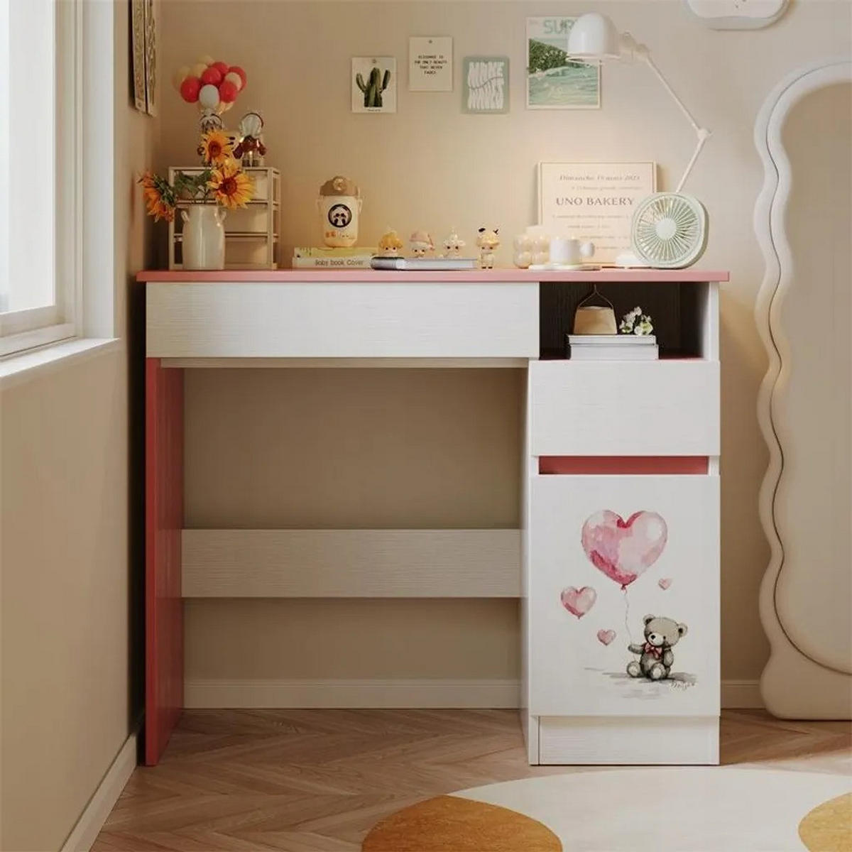 ROSA-WEISSER Kinderschreibtisch (90 cm) mit Teddybär und Stauraum - Hellrosa/Weiß, Holzwerkstoff (90/76/50cm)