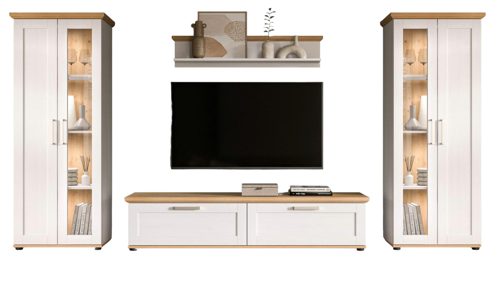 WOHNWAND 4-teilig weiß Lärche, Eiche Artisan 316 cm Landhaus, Schrankwand mit viel Stauraum - Silberfarben/Schwarz, Holzwerkstoff/Kunststoff (316/161/40cm) - Inn.Furn