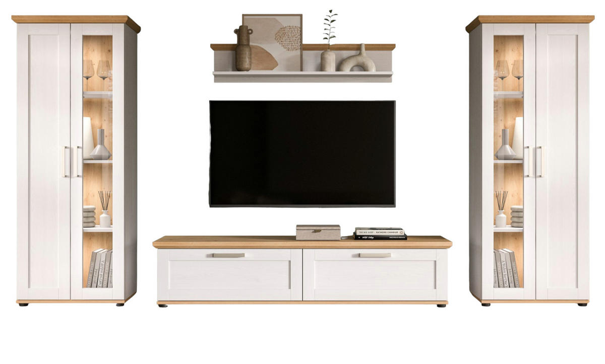 WOHNWAND 4-teilig weiß Lärche, Eiche Artisan 316 cm Landhaus, Schrankwand mit viel Stauraum - Silberfarben/Schwarz, Holzwerkstoff/Kunststoff (316/161/40cm) - Inn.Furn