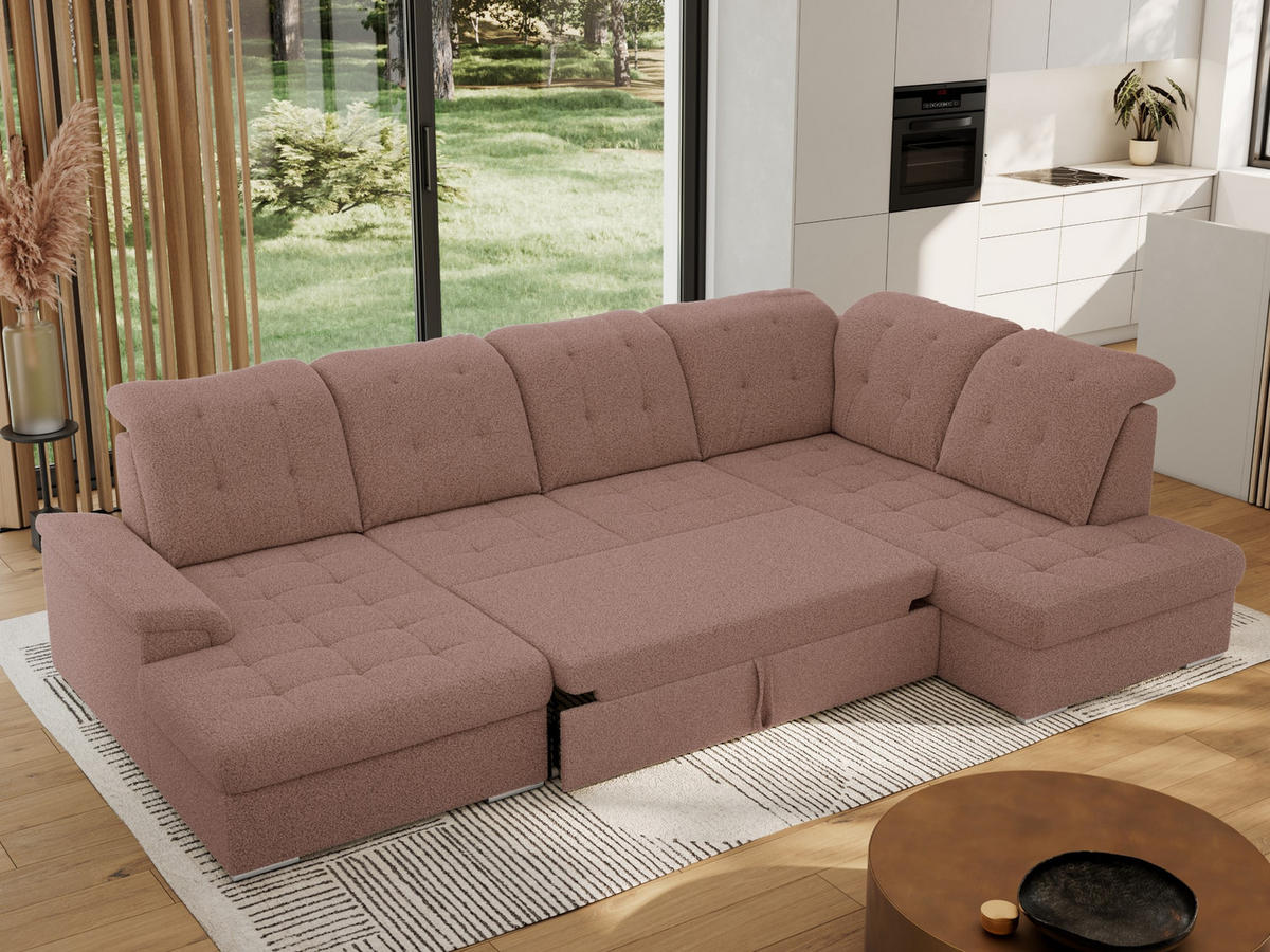 WOHNLANDSCHAFT MADRITO U - Rosa Boucle - Rechts - Silberfarben/Rosa, Textil/Metall (323/89/204cm) - MKS