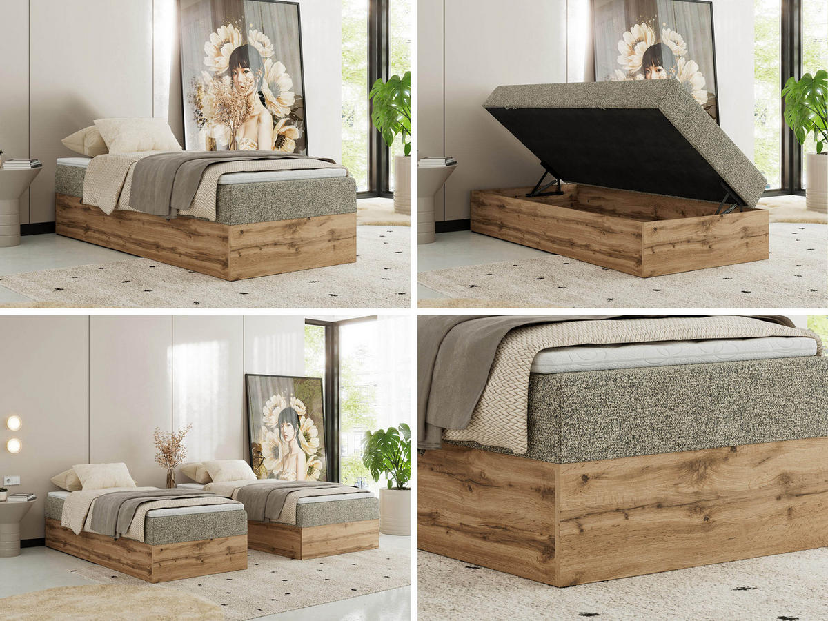 BOXBETT WOOD ZERO 90/200 - Grau Struktur - H3 - Topper T25 - Grau, Textil (90/200cm) - MKS