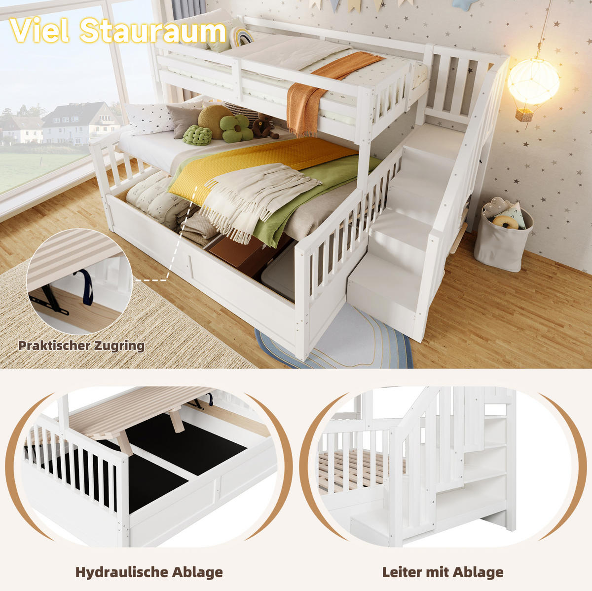 HAUSBETT 90/200 cm + 140/200 cm mit Stauraum und Treppe in Weiß - Weiß, Holz (90/200cm) - BEAOK