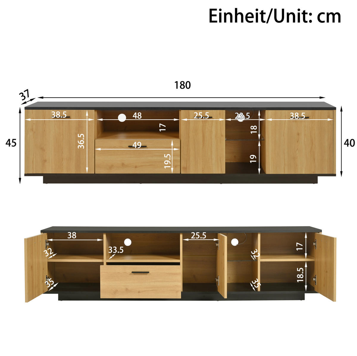 NÍZKA komoda z MDF, 180/37/45 cm čierna a dekor dreva, s LED osvetlením - čierna, kompozitné drevo (180/45/37cm) - BEAOK